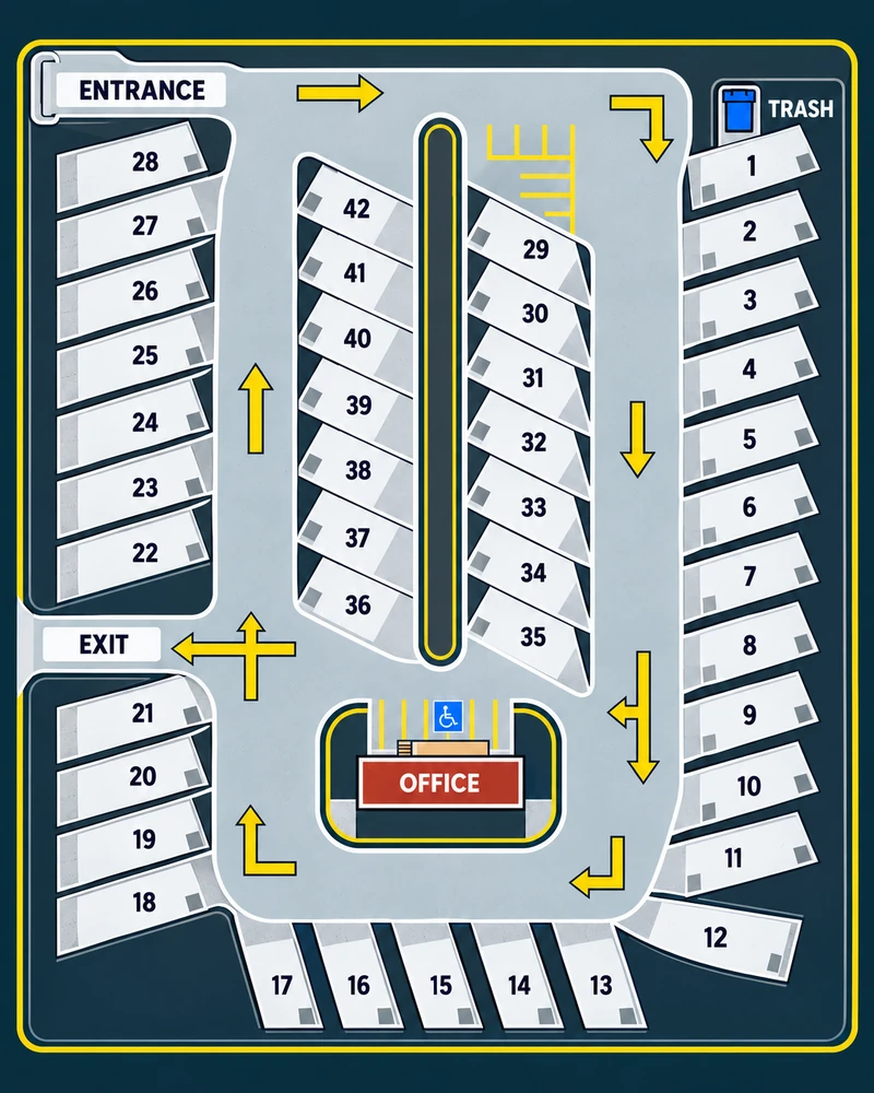 Property map showing numbered RV sites, the entrance, exit, office, and traffic direction